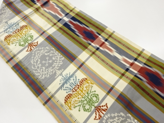 JAPANESE KIMONO / CHECKERED / ABSTRACT FLORAL PATTERNS / WOVEN NAGOYA 